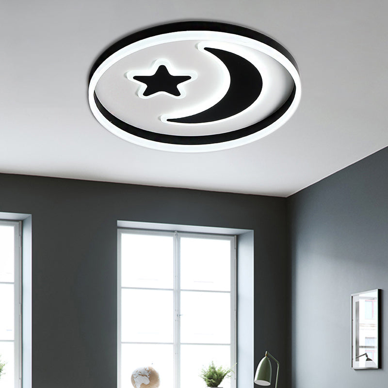 Round Acrylic Ceiling Mount Light Cartoon Style LED Black/White Flush Mount Lamp in Warm/White Light for Bedroom