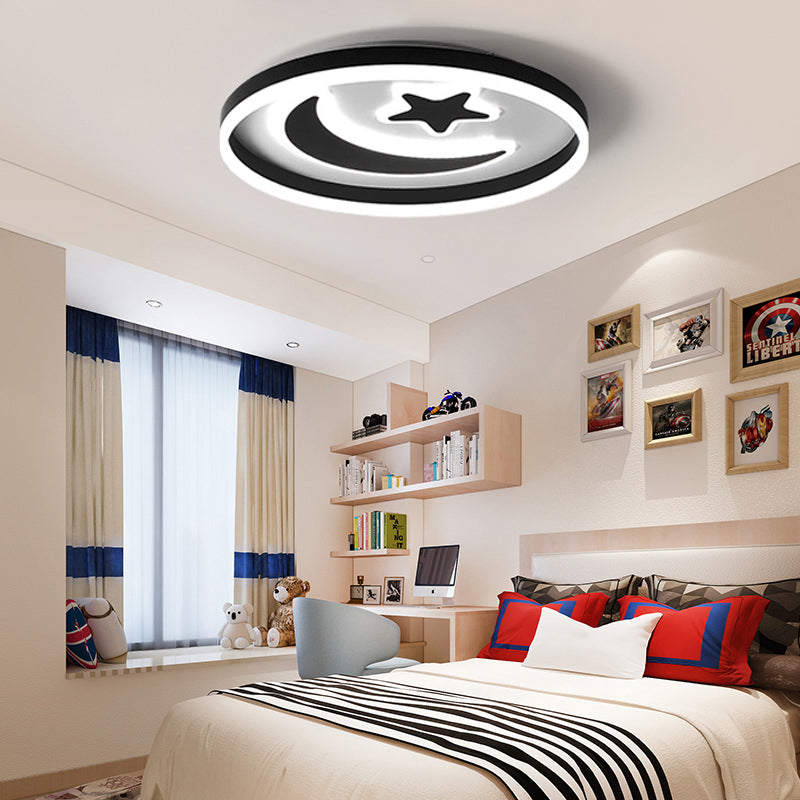 Round Acrylic Ceiling Mount Light Cartoon Style LED Black/White Flush Mount Lamp in Warm/White Light for Bedroom