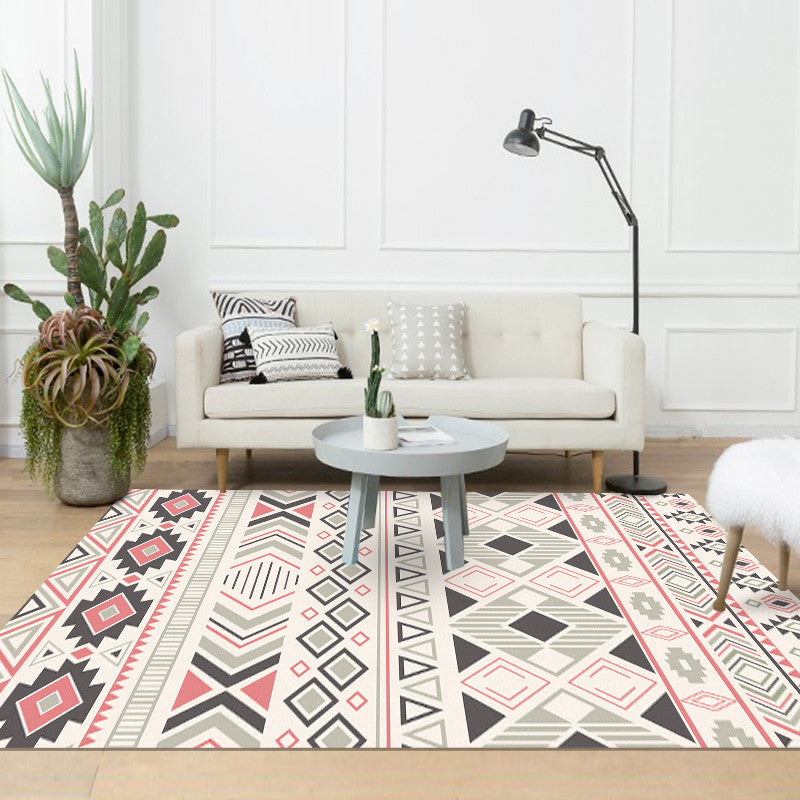 Bohemian Style Geometric Patterned Rug Multi-Colored Polypropylene Rug Anti-Slip Backing Pet Friendly Washable Rug for Home