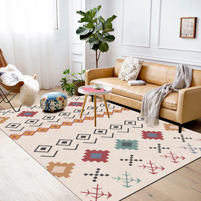 Bohemian Style Geometric Patterned Rug Multi-Colored Polypropylene Rug Anti-Slip Backing Pet Friendly Washable Rug for Home