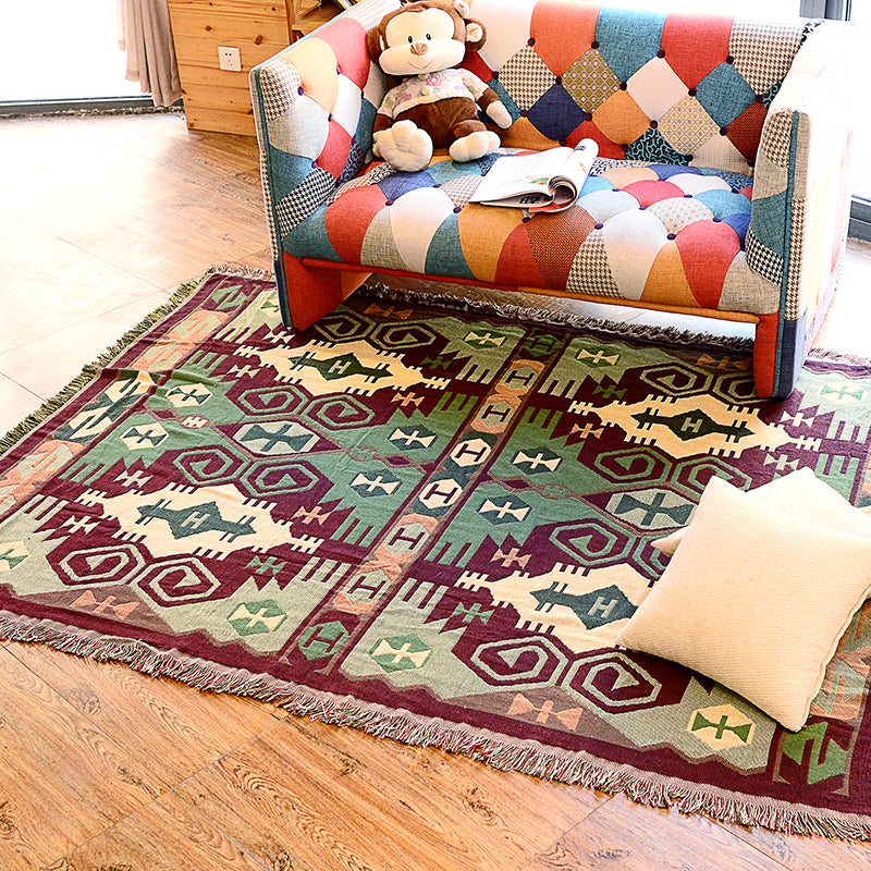 Retro Country Style Rug Green Geometric Weaving Carpet Pet-Friendly Rug for Sitting Room