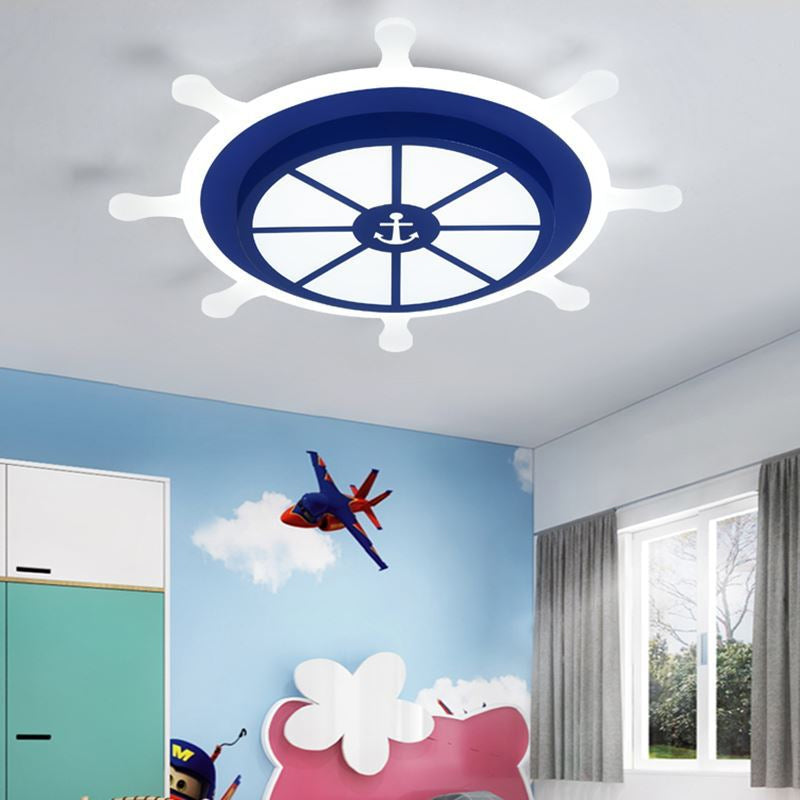 Cartoon Style LED Flush Pendant Light with Acrylic Shade Blue Rudder Shaped Ceiling Mount Light, White/3 Color Light