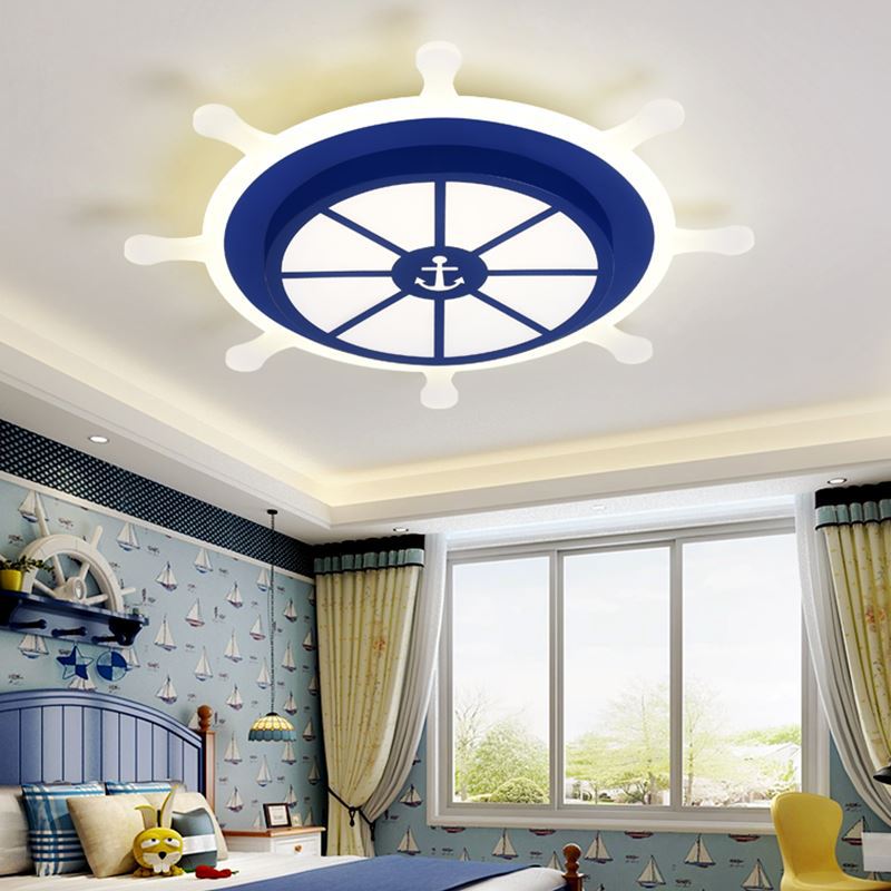 Cartoon Style LED Flush Pendant Light with Acrylic Shade Blue Rudder Shaped Ceiling Mount Light, White/3 Color Light