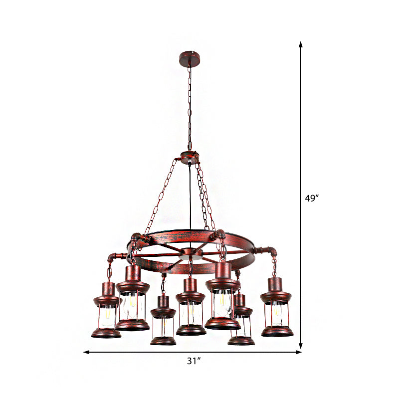 Weathered Copper 7 Lights Chandelier Light Fixture Coastal Metal Lantern Pendant Lamp with Gear/Circle