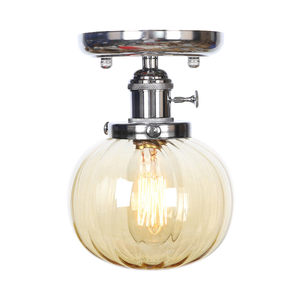 Chrome 1 Light Ceiling Mount Clear/Amber Glass Industrial Globe/Round Semi Flush Light for Dining Room