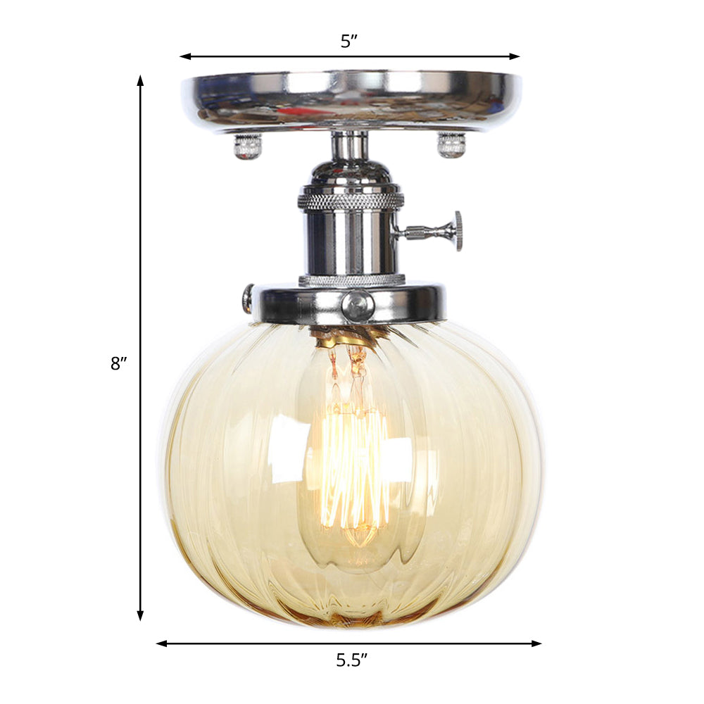 Chrome 1 Light Ceiling Mount Clear/Amber Glass Industrial Globe/Round Semi Flush Light for Dining Room