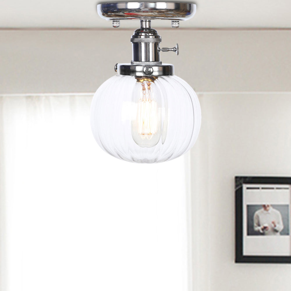 Chrome 1 Light Ceiling Mount Clear/Amber Glass Industrial Globe/Round Semi Flush Light for Dining Room