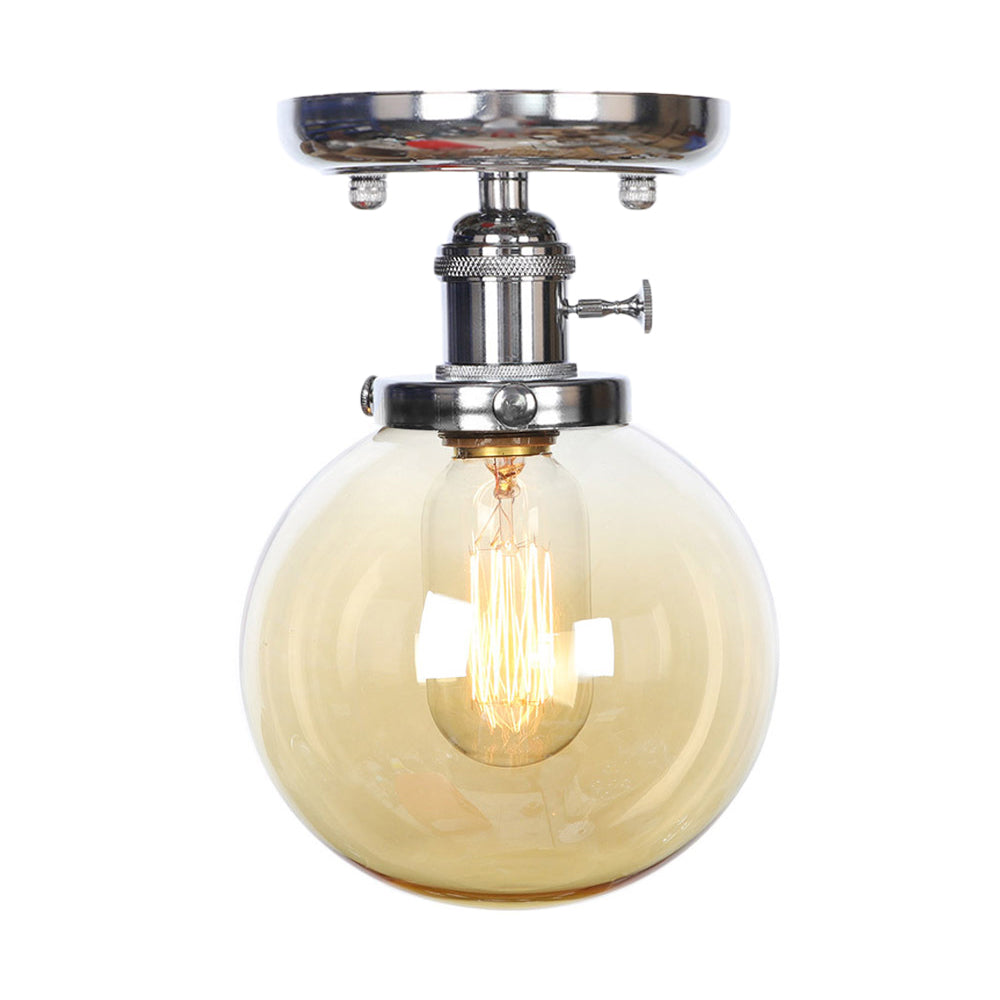 Chrome 1 Light Ceiling Mount Clear/Amber Glass Industrial Globe/Round Semi Flush Light for Dining Room