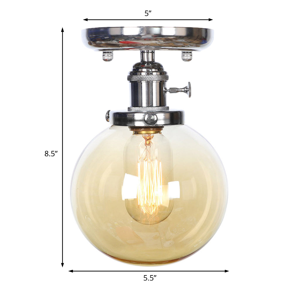 Chrome 1 Light Ceiling Mount Clear/Amber Glass Industrial Globe/Round Semi Flush Light for Dining Room