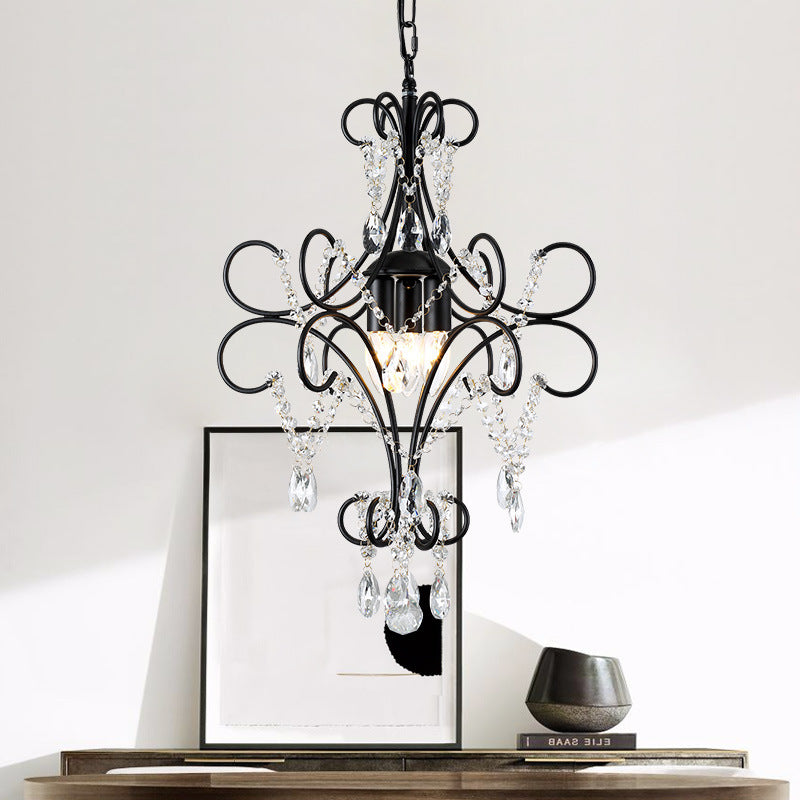 Curve Arm Iron Suspension Light Vintage 3 Lights Black Pendant Light with Crystal Accent