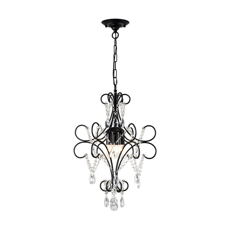 Curve Arm Iron Suspension Light Vintage 3 Lights Black Pendant Light with Crystal Accent