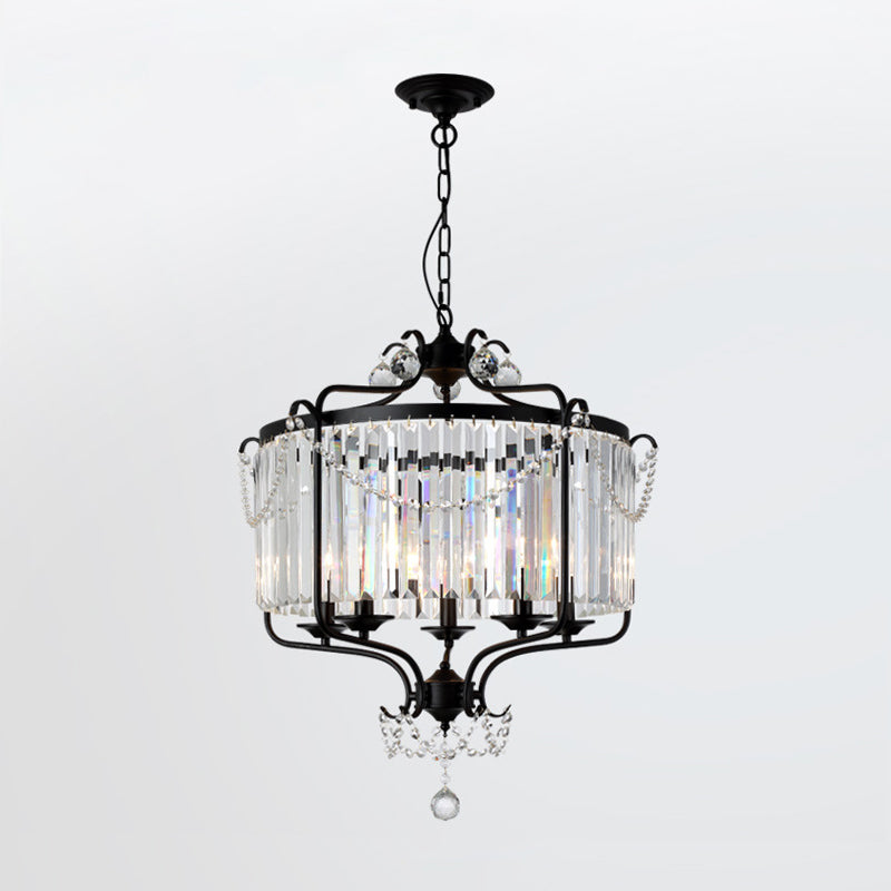 Drum Prismatic Crystal Chandelier Light Antique Black/Gold Hanging Ceiling Light for Dining Room