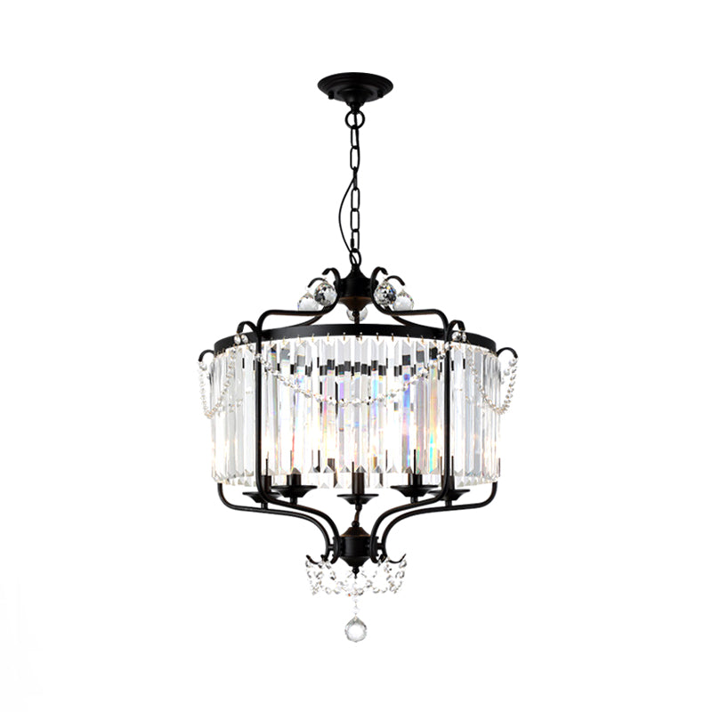 Drum Prismatic Crystal Chandelier Light Antique Black/Gold Hanging Ceiling Light for Dining Room