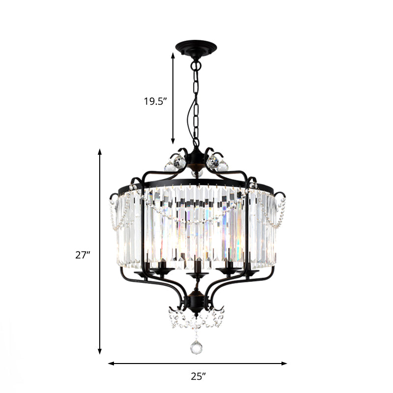 Drum Prismatic Crystal Chandelier Light Antique Black/Gold Hanging Ceiling Light for Dining Room