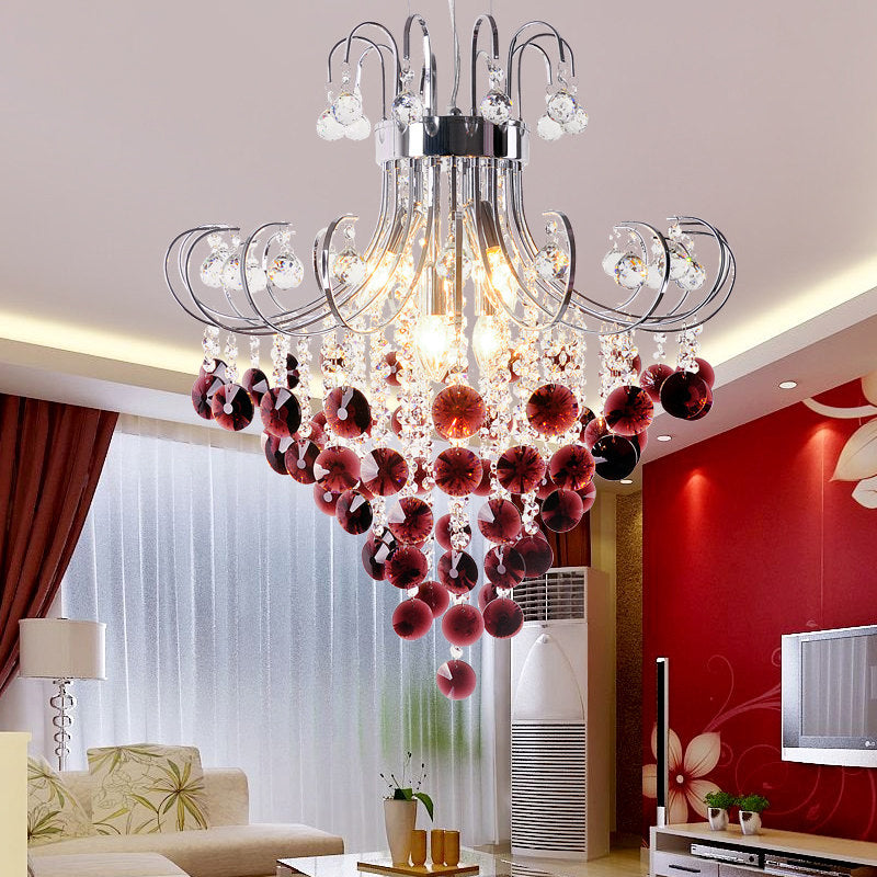 Bent Arm Frame Ceiling Light Fixture Modern Red Crystal 3 Lights Chrome Chandelier Light