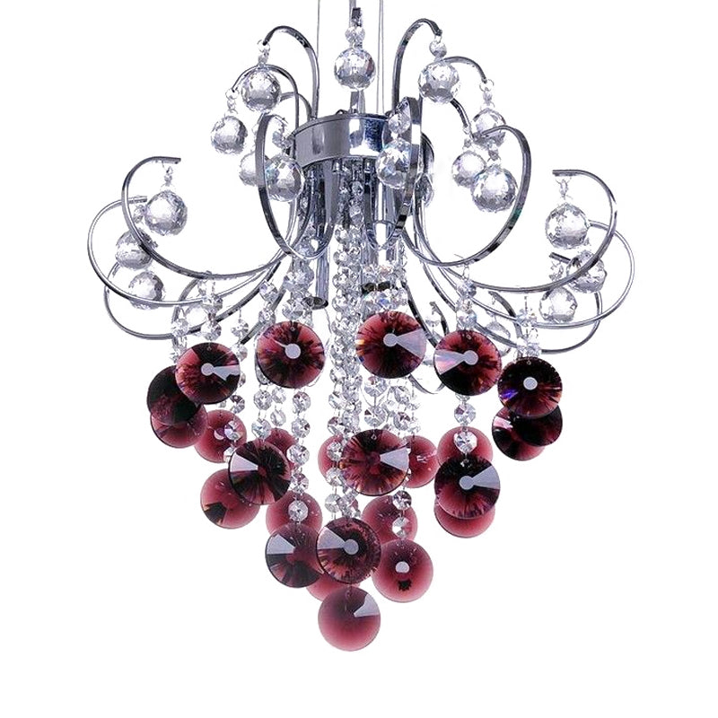 Bent Arm Frame Ceiling Light Fixture Modern Red Crystal 3 Lights Chrome Chandelier Light