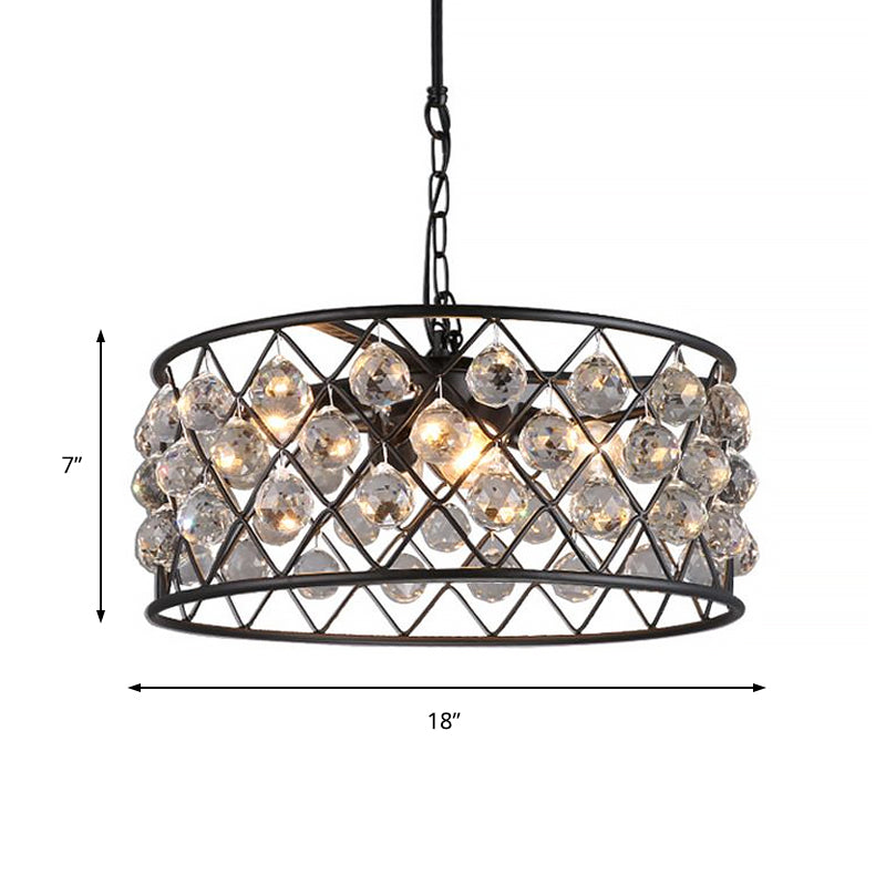 Round Iron Frame Ceiling Light Modern Metal and Crystal 4 Lights Black Chandelier Light