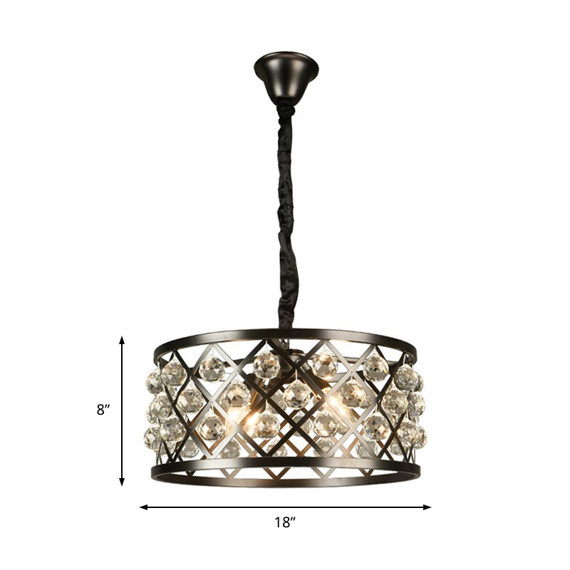 Metal and Crystal Round Ceiling Light 4 Lights Black Chandelier Lamp for Dining Room