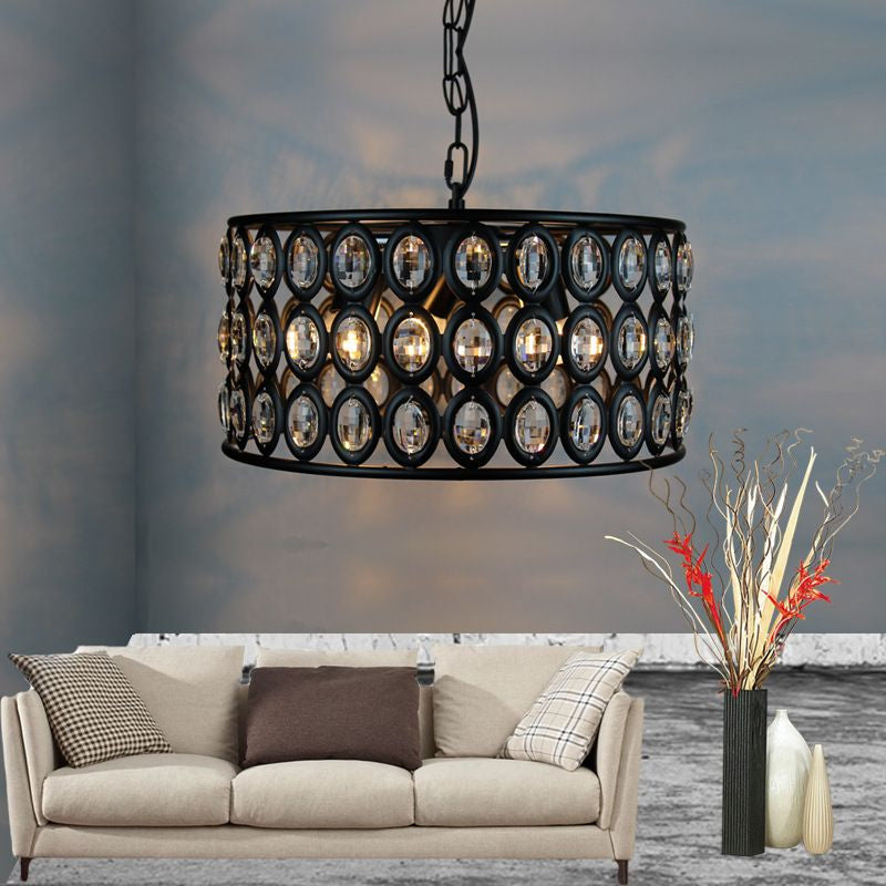 Black Drum Ceiling Lamp Vintage 3 Lights Metal and Crystal Chandelier Light for Living Room