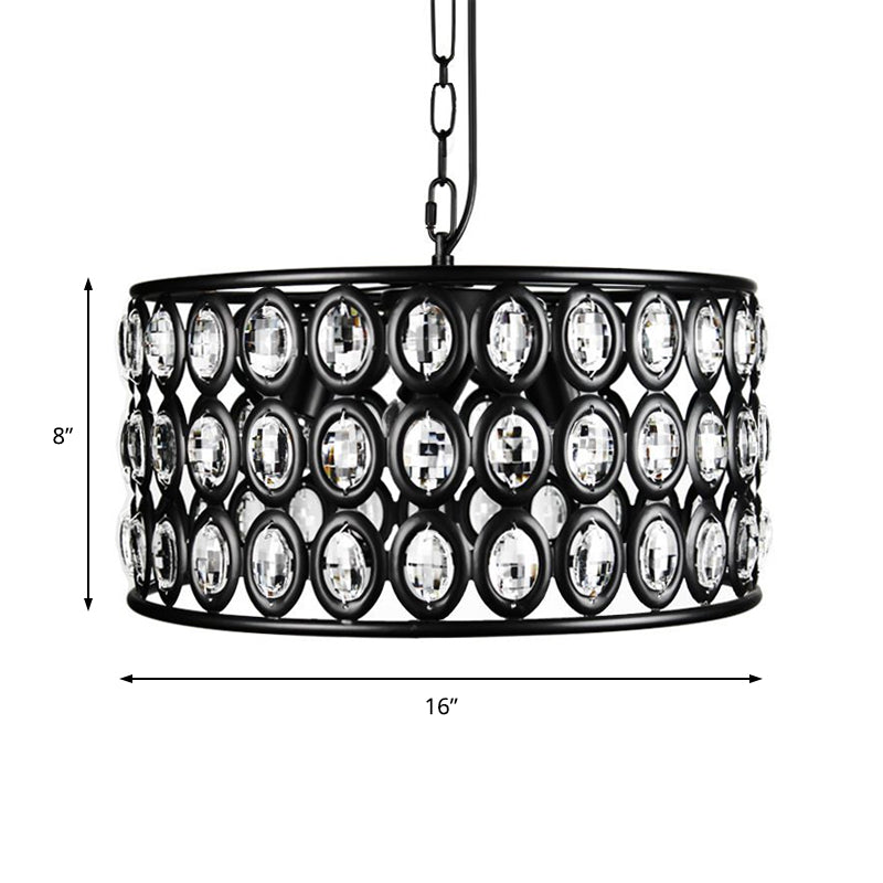 Black Drum Ceiling Lamp Vintage 3 Lights Metal and Crystal Chandelier Light for Living Room