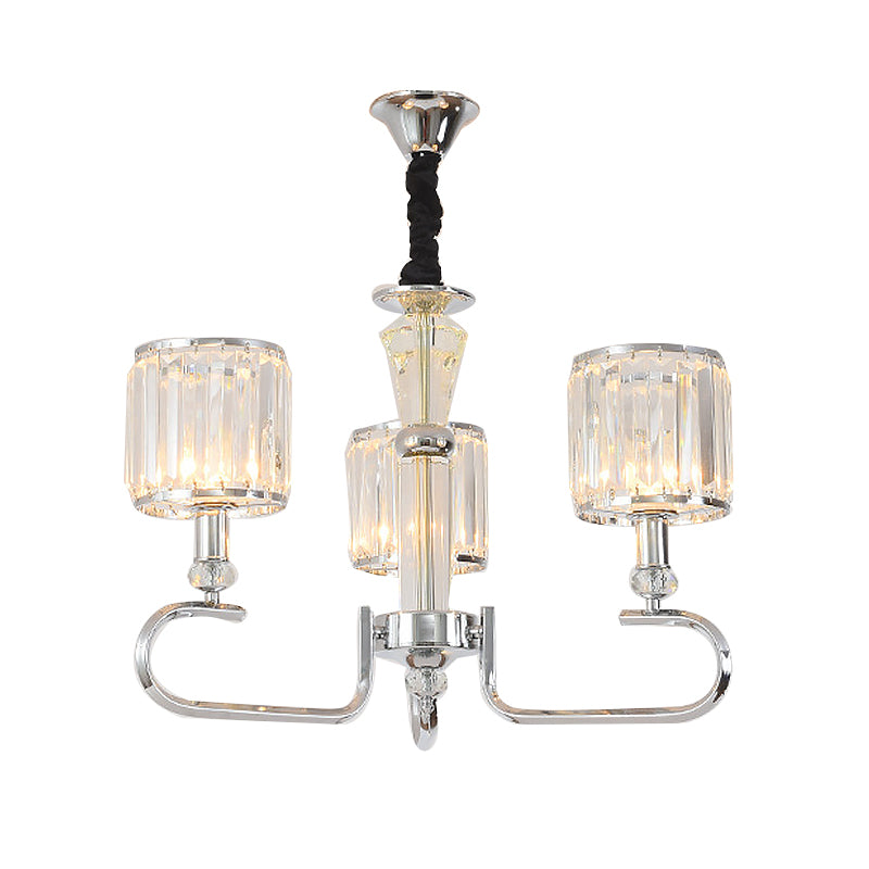 Crystal Rectangle Cylinder Hanging Ceiling Light Contemporary 3/6 Lights Chrome Chandelier Light