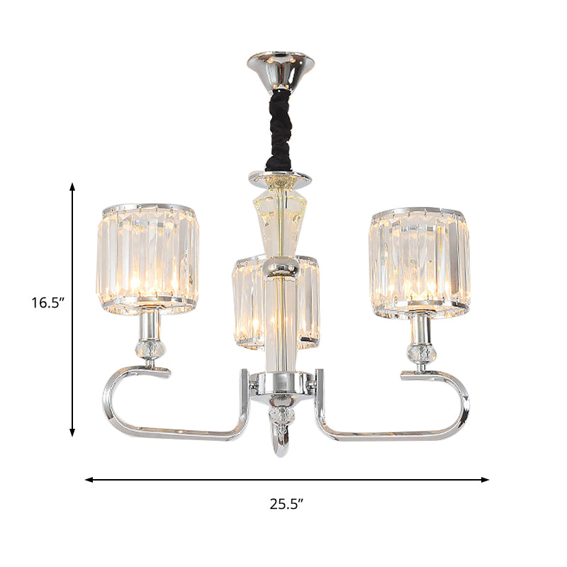 Crystal Rectangle Cylinder Hanging Ceiling Light Contemporary 3/6 Lights Chrome Chandelier Light