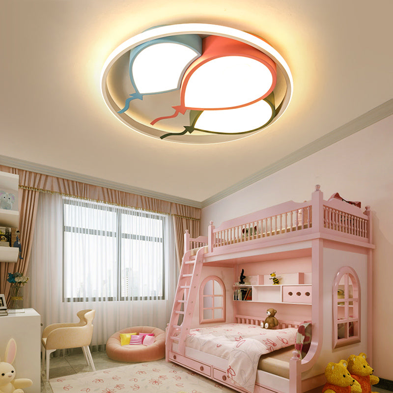 Circle Flushmount Light Kids Aluminum and Acrylic 16.5"/20.5" W LED Pink/Yellow Ceiling Lamp with Balloon Design, Warm/White Light