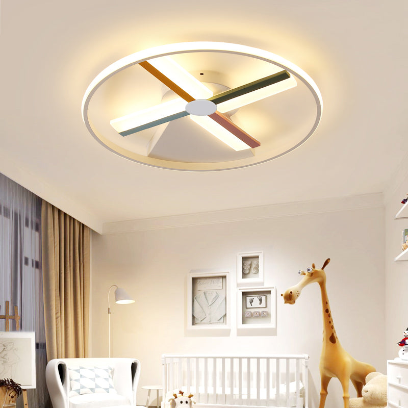 Windmill Ceiling Lighting Kids Acrylic 16.5"/20.5" W LED White Finish Flush Mount Light with Metal Ring, Warm/White Light