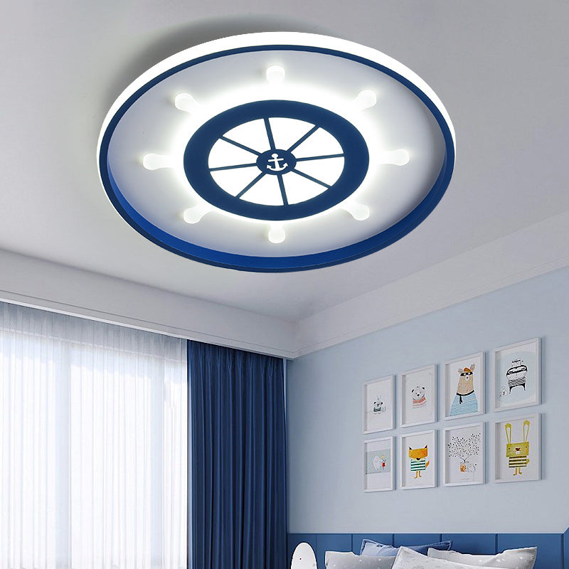 Blue Round Flush Light Fixture Kids 18 "/23.5" Wide LED Acrylique Ceiling Lamp with Rudder Design, Warm / White Light