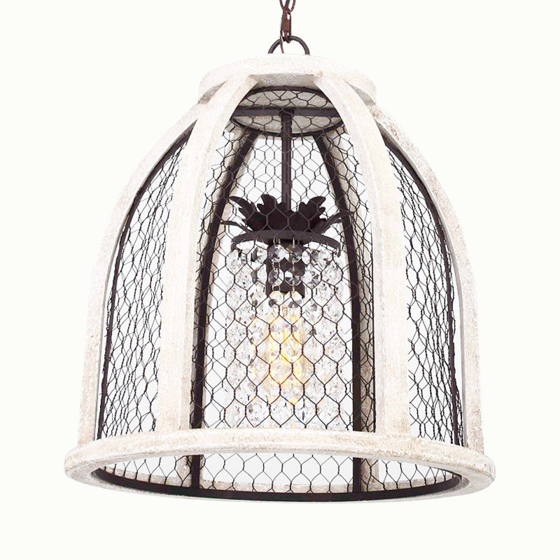 Salle à manger en dôme Hanging Light Metal traditionnel 1 Éclairage pendentif blanc en détresse légère avec cage