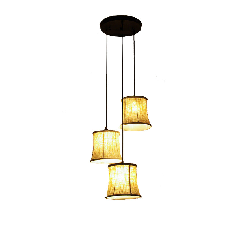 3 Lights Drum Cluster Pendant Classic Flaxen Fabric Ceiling Light with Round/Linear Canopy