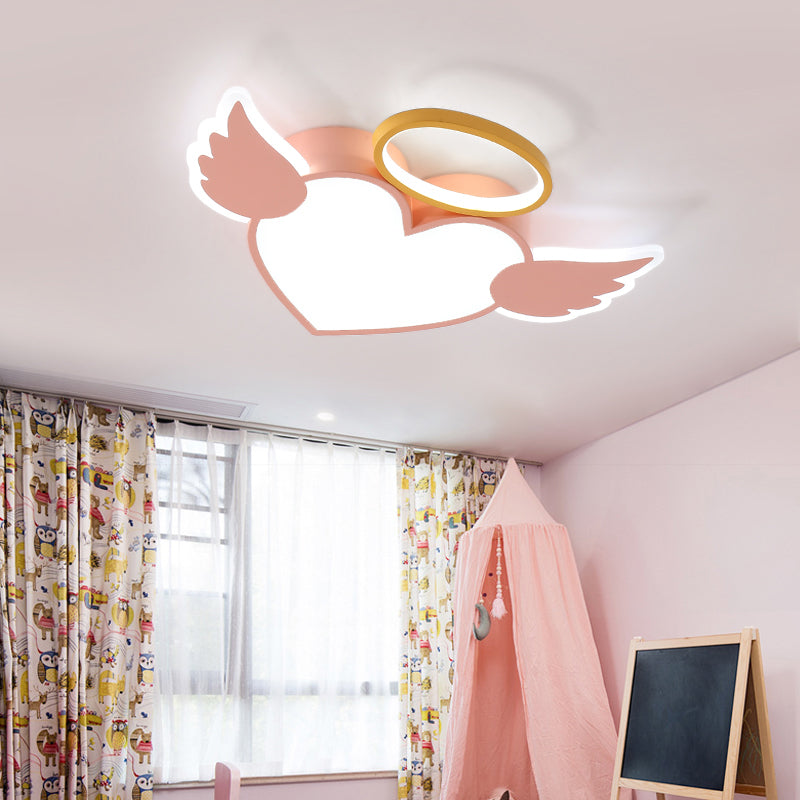 Metal Heart Shaped Flushmount Lamp Cartoon 19.5"/23.5" W LED Blue/Pink Ceiling Lighting with Acrylic Diffuser in Warm/White Light