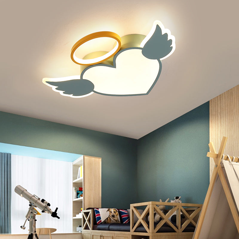 Metal Heart Shaped Flushmount Lamp Cartoon 19.5"/23.5" W LED Blue/Pink Ceiling Lighting with Acrylic Diffuser in Warm/White Light