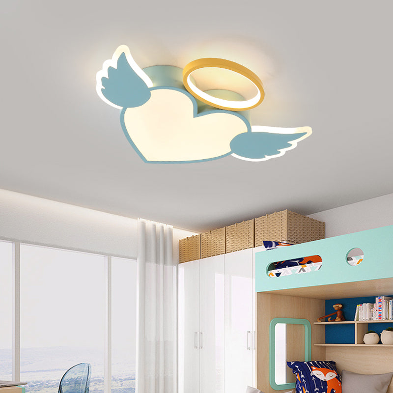 Metal Heart Shaped Flushmount Lamp Cartoon 19.5"/23.5" W LED Blue/Pink Ceiling Lighting with Acrylic Diffuser in Warm/White Light