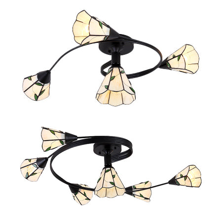 4/6 Heads Curved Semi Flush Light Tiffany Style Stained Glass Bedroom Semi Flushmount in White