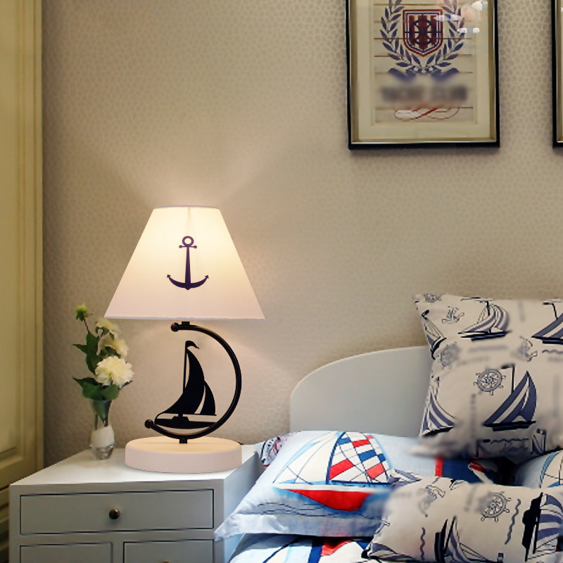 Empire Shade Fabric Table Lamp Kids Single-Bulb White Nightstand Lighting with Sailing Boat Decor