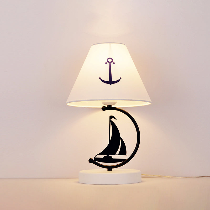 Empire Shade Fabric Table Lamp Kids Single-Bulb White Nightstand Lighting with Sailing Boat Decor