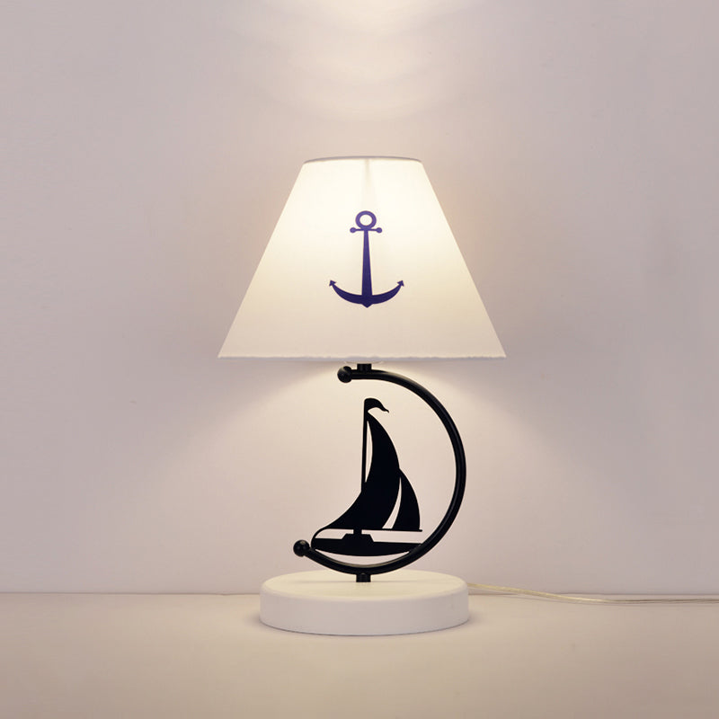 Empire Shade Fabric Table Lamp Kids Single-Bulb White Nightstand Lighting with Sailing Boat Decor