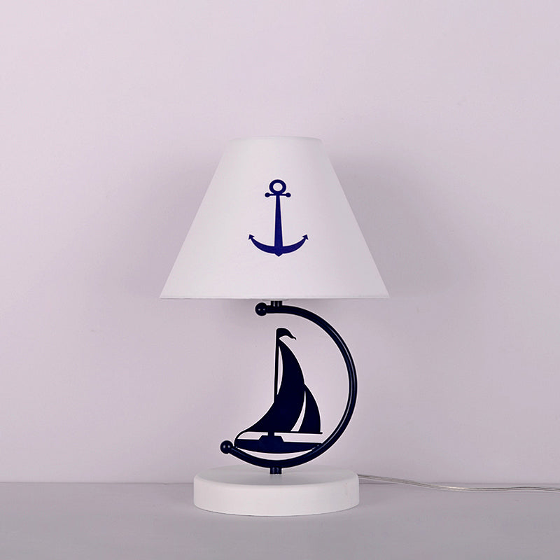 Empire Shade Fabric Table Lamp Kids Single-Bulb White Nightstand Lighting with Sailing Boat Decor