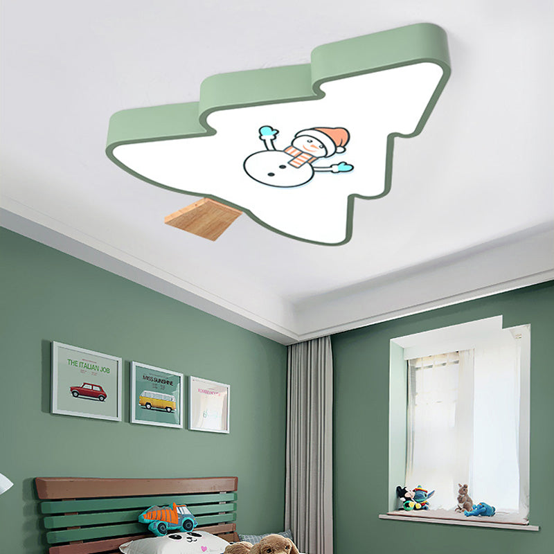 Luz de montaje empotrado de árbol verde/gris, accesorio de techo de acrílico LED para niños con patrón de muñeco de nieve