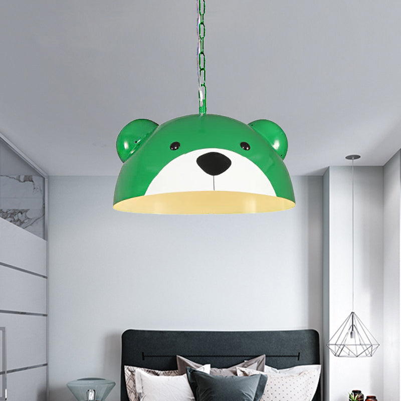 Metallic Dome Pendant Light Fixture Kids 1 Light Red/Yellow Hanging Lamp with Bear Design for Children Bedroom