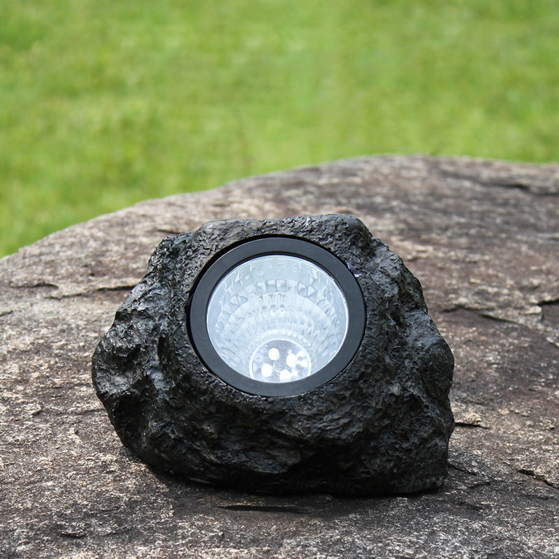 Black Stone Shaped Solar Pathway Lamp Artistic Resin LED Lawn Spotlight for Outdoor