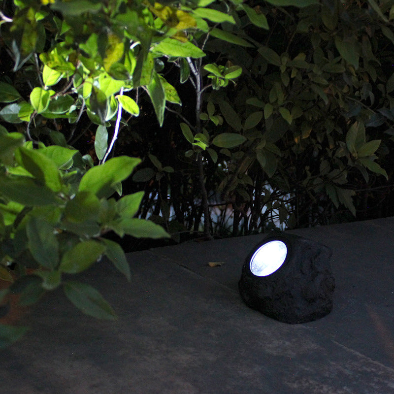 Black Stone Shaped Solar Pathway Lamp Artistic Resin LED Lawn Spotlight for Outdoor