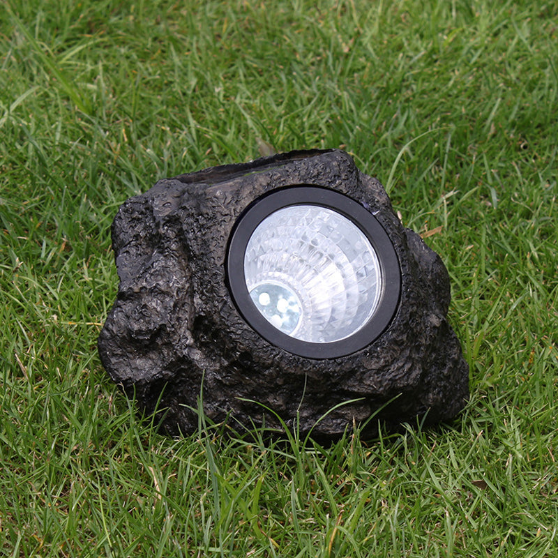 Black Stone Shaped Solar Pathway Lamp Artistic Resin LED Lawn Spotlight for Outdoor