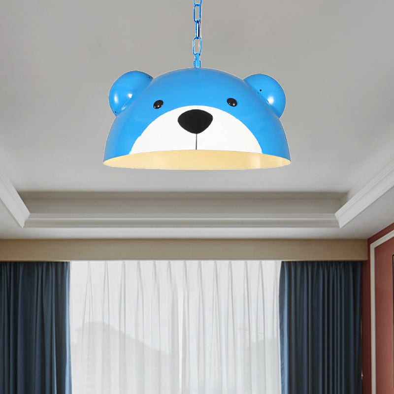 Metallic Dome Pendant Light Fixture Kids 1 Light Red/Yellow Hanging Lamp with Bear Design for Children Bedroom