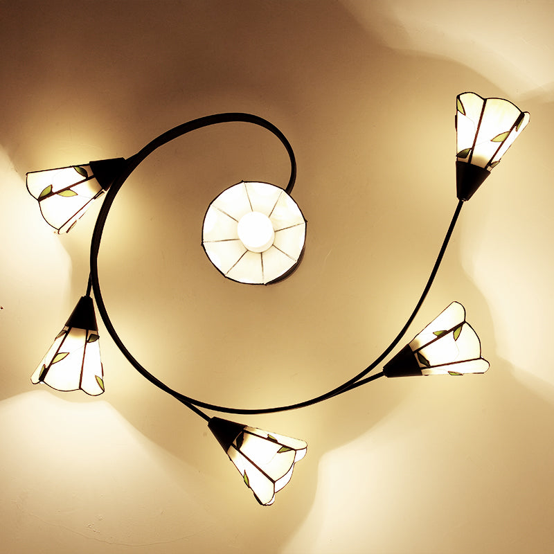 4/6 Heads Curved Semi Flush Light Tiffany Style Stained Glass Bedroom Semi Flushmount in White