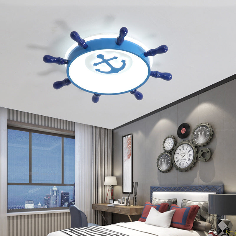 Blue Rudder Flush Pendant Light Kids LED Acrylic Ceiling Mount Light with Anchor Pattern, Warm/White Light