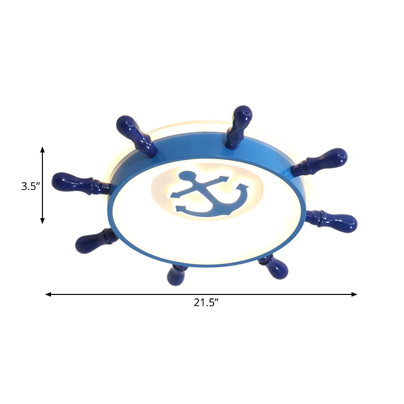 Lámpara colgante empotrada con timón azul, luz LED acrílica para montaje en techo para niños con patrón de ancla, luz blanca/cálida