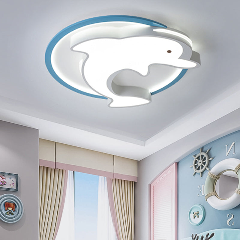 Kids LED Flush Ceiling Light Fixture with Acrylic Shade Blue Dolphin Flush Mount Light in Warm/White Light, 18"/23.5" W