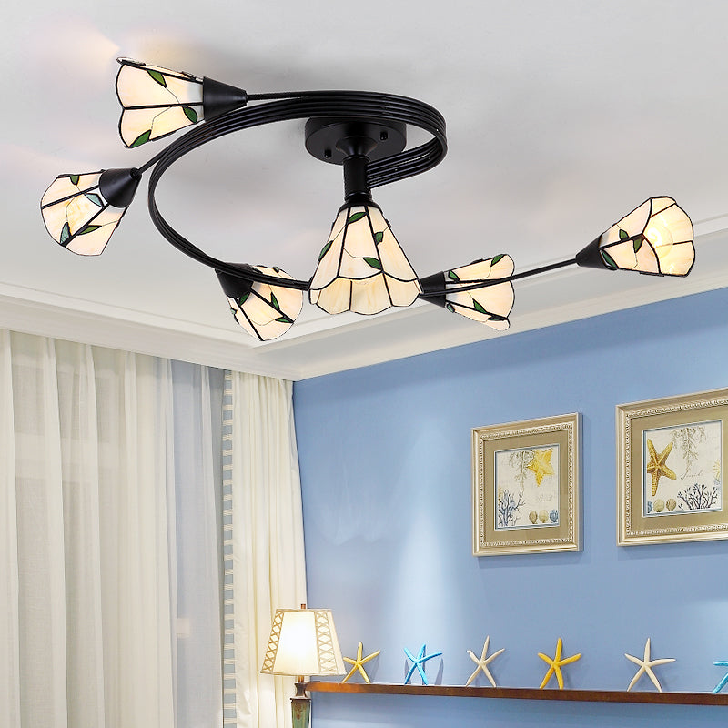 4/6 Heads Curved Semi Flush Light Tiffany Style Stained Glass Bedroom Semi Flushmount in White